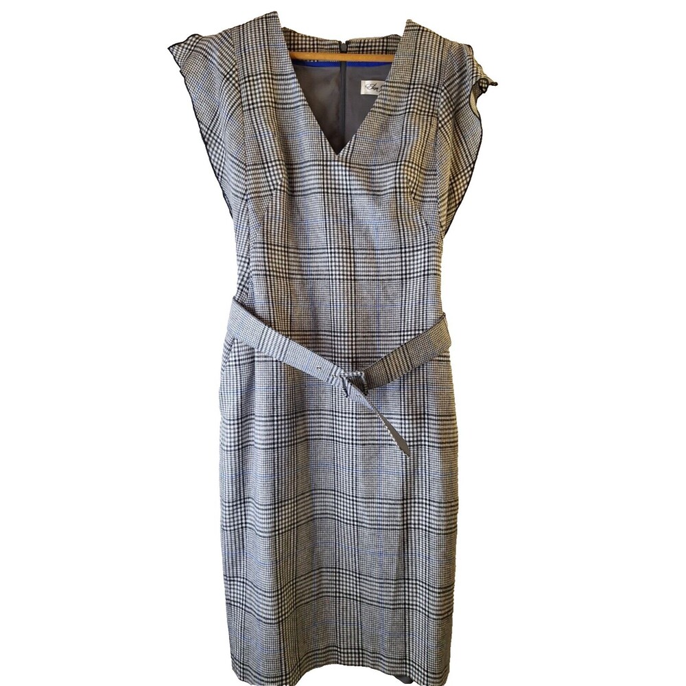 Vintage ELIZA J Sheath Dress Sz 10‎ Gingham Plaid Belted Career Office Business